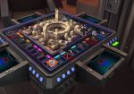 Plateau Monopoly Star Wars en vue d’ensemble avec des dés, des pions et quatre personnages inspirés de Luke Skywalker, la princesse Leia, Darth Vader et Darth Maul.