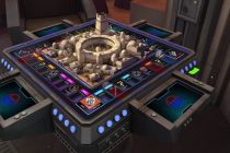 Plateau Monopoly Star Wars en vue d’ensemble avec des dés, des pions et quatre personnages inspirés de Luke Skywalker, la princesse Leia, Darth Vader et Darth Maul.