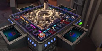 Plateau Monopoly Star Wars en vue d’ensemble avec des dés, des pions et quatre personnages inspirés de Luke Skywalker, la princesse Leia, Darth Vader et Darth Maul.