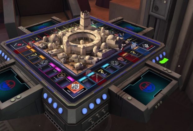 Plateau Monopoly Star Wars en vue d’ensemble avec des dés, des pions et quatre personnages inspirés de Luke Skywalker, la princesse Leia, Darth Vader et Darth Maul.
