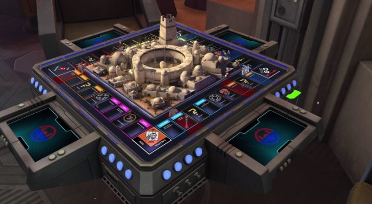 Plateau Monopoly Star Wars en vue d’ensemble avec des dés, des pions et quatre personnages inspirés de Luke Skywalker, la princesse Leia, Darth Vader et Darth Maul.