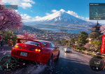Voiture de sport sur une route de montagne au Japon au coucher du soleil, ambiance course open world