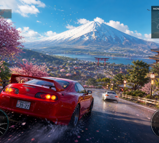 Voiture de sport sur une route de montagne au Japon au coucher du soleil, ambiance course open world