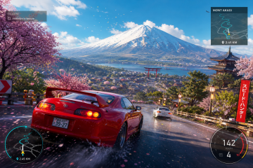 Voiture de sport sur une route de montagne au Japon au coucher du soleil, ambiance course open world