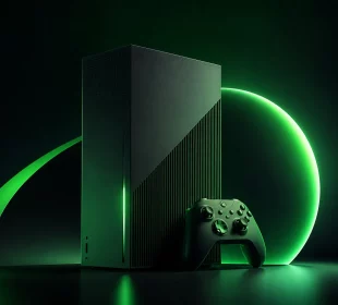 Console de jeu stylisée avec sphère verte lumineuse, illustration du rebranding Xbox en majuscules XBOX