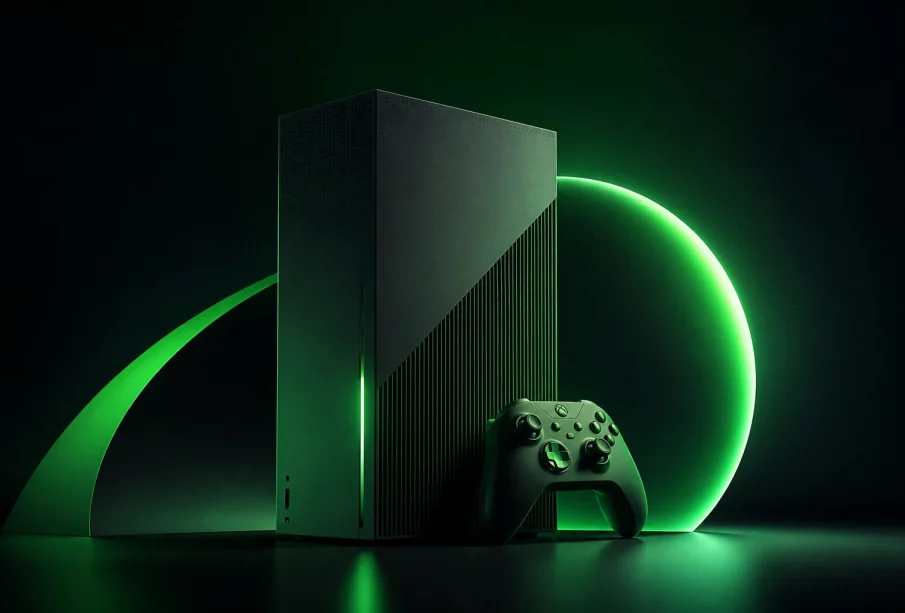 Console de jeu stylisée avec sphère verte lumineuse, illustration du rebranding Xbox en majuscules XBOX