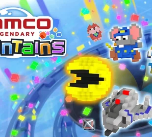 Voxels colorés inspirés des jeux d'arcade Namco dans NAMCO LEGENDARY Mountains