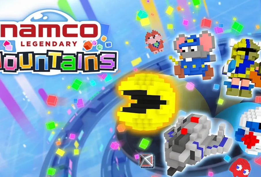 Voxels colorés inspirés des jeux d'arcade Namco dans NAMCO LEGENDARY Mountains