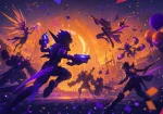 Silhouettes de héros futuristes célébrant un anniversaire de jeu, illustration de la polémique Overwatch 10 ans