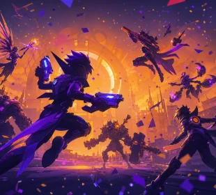 Silhouettes de héros futuristes célébrant un anniversaire de jeu, illustration de la polémique Overwatch 10 ans