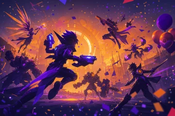 Silhouettes de héros futuristes célébrant un anniversaire de jeu, illustration de la polémique Overwatch 10 ans