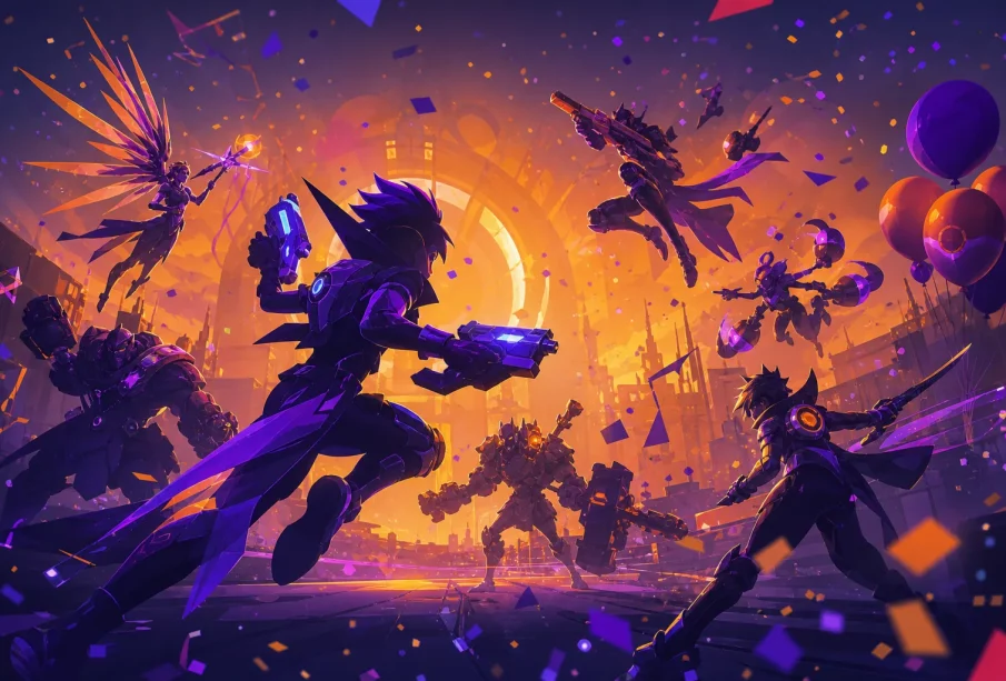 Silhouettes de héros futuristes célébrant un anniversaire de jeu, illustration de la polémique Overwatch 10 ans
