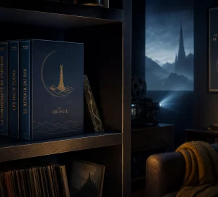 Illustration d'étagères avec boîtiers Blu-ray, évoquant le déclin des éditions physiques collector de films fantasy