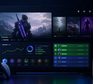 Interface console stylisée affichant des statistiques et classements de joueurs hebdomadaires sur PS5