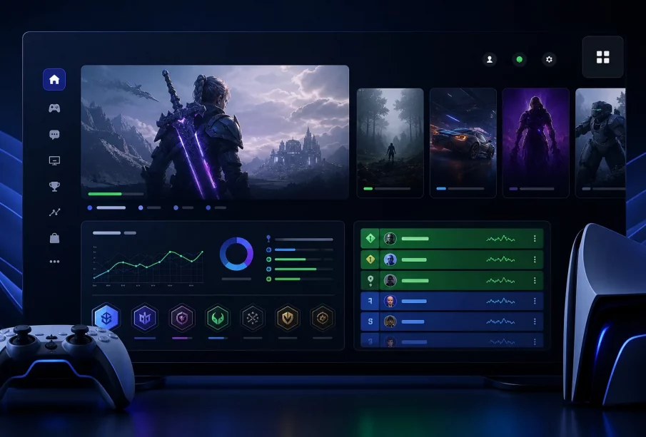 Interface console stylisée affichant des statistiques et classements de joueurs hebdomadaires sur PS5