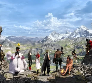 Key art officiel de Final Fantasy VII Revelation, Cloud et ses compagnons face à Sephiroth
