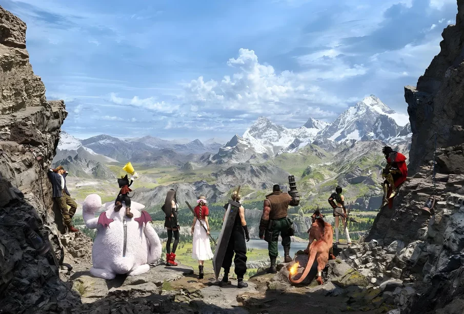 Key art officiel de Final Fantasy VII Revelation, Cloud et ses compagnons face à Sephiroth