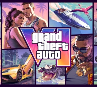 Jaquette officielle de Grand Theft Auto VI, Jason Duval et Lucia Caminos sur fond Vice City