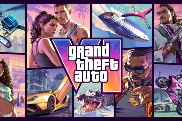 Jaquette officielle de Grand Theft Auto VI, Jason Duval et Lucia Caminos sur fond Vice City