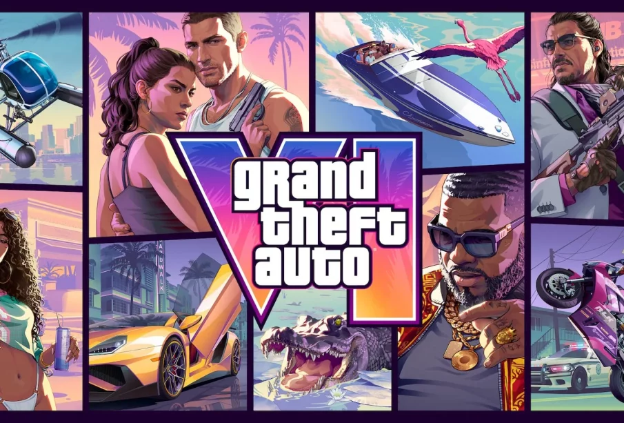 Jaquette officielle de Grand Theft Auto VI, Jason Duval et Lucia Caminos sur fond Vice City