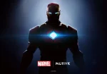 Key art officiel Marvel et Motive Studio, Iron Man en armure rouge et or, réacteur en losange