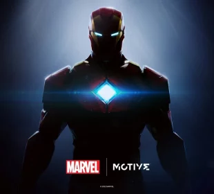 Key art officiel Marvel et Motive Studio, Iron Man en armure rouge et or, réacteur en losange