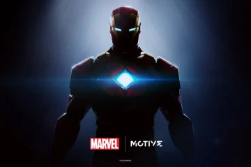 Key art officiel Marvel et Motive Studio, Iron Man en armure rouge et or, réacteur en losange