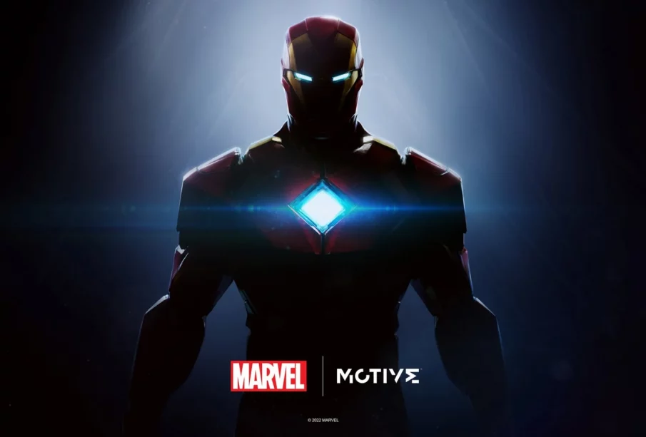 Key art officiel Marvel et Motive Studio, Iron Man en armure rouge et or, réacteur en losange