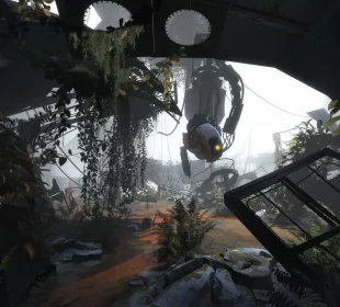 GLaDOS suspendue dans une chambre Aperture envahie par la végétation, screenshot officiel Portal 2