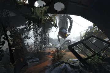 GLaDOS suspendue dans une chambre Aperture envahie par la végétation, screenshot officiel Portal 2