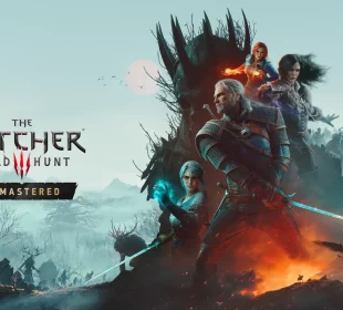 Key art officiel de The Witcher 3 Wild Hunt Remastered, Geralt, Ciri, Yennefer et Triss
