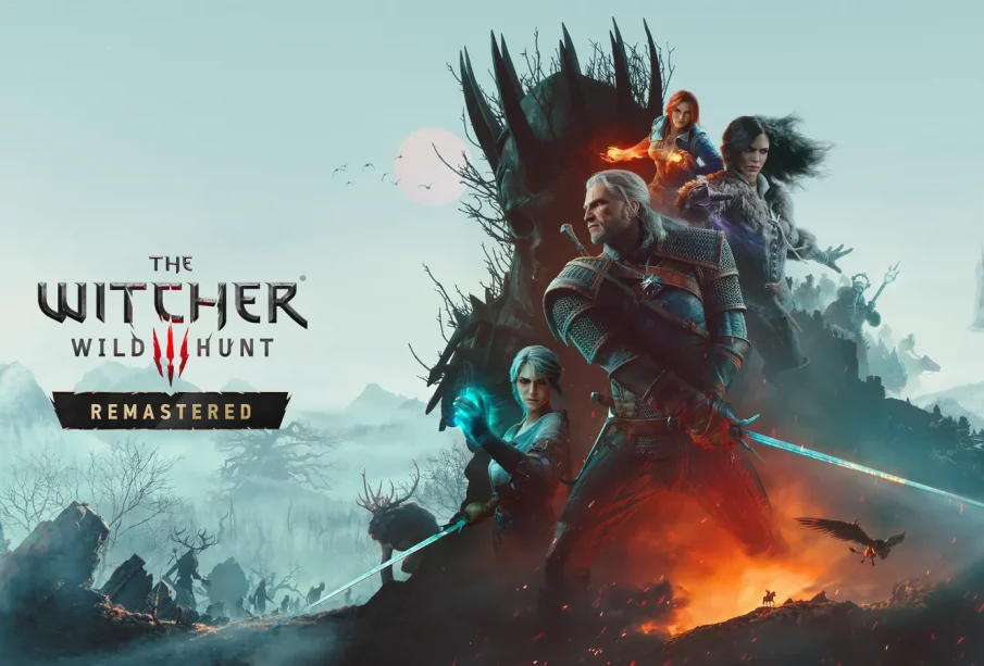 Key art officiel de The Witcher 3 Wild Hunt Remastered, Geralt, Ciri, Yennefer et Triss
