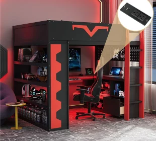Lit mezzanine gaming noir et rouge avec bureau et LED en dessous