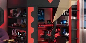 Lit mezzanine gaming noir et rouge avec bureau et LED en dessous