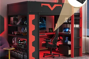 Lit mezzanine gaming noir et rouge avec bureau et LED en dessous