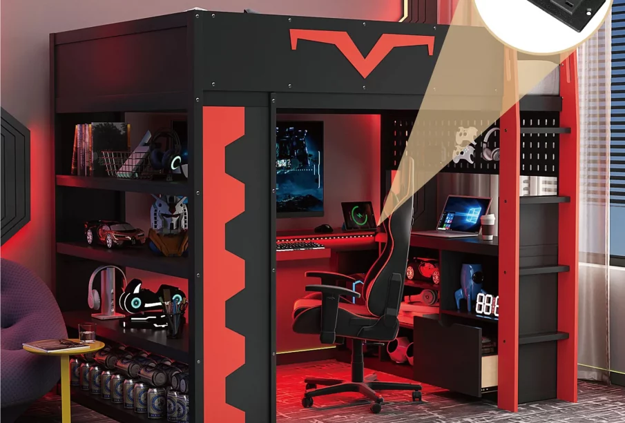 Lit mezzanine gaming noir et rouge avec bureau et LED en dessous