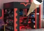 Lit mezzanine gaming noir et rouge avec bureau et LED en dessous