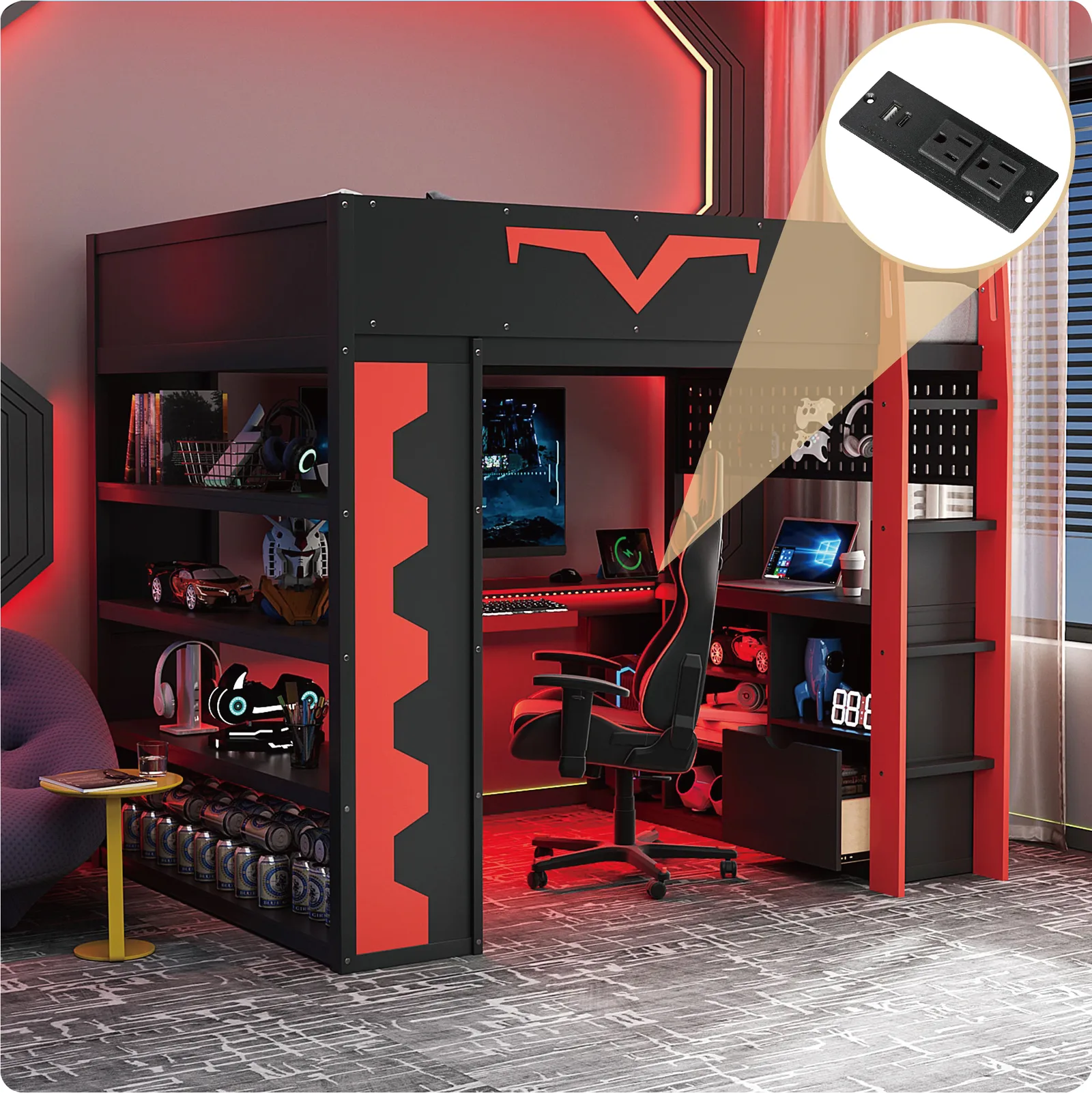 Lit mezzanine gaming noir et rouge avec bureau et LED en dessous