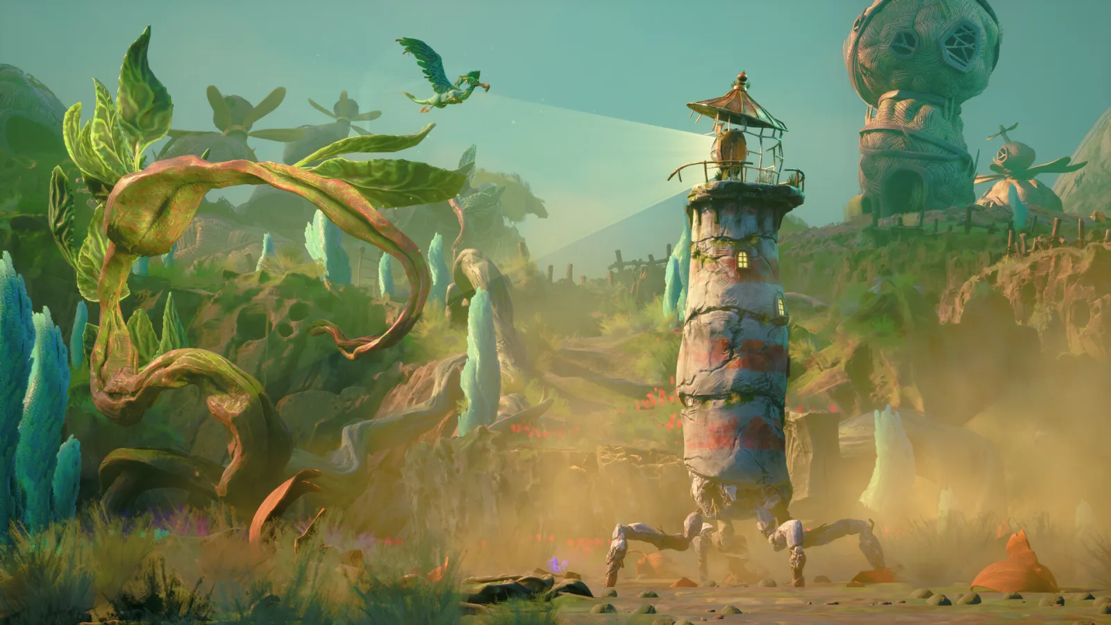 Keeper, le phare ambulant et Twig dans un paysage surréaliste