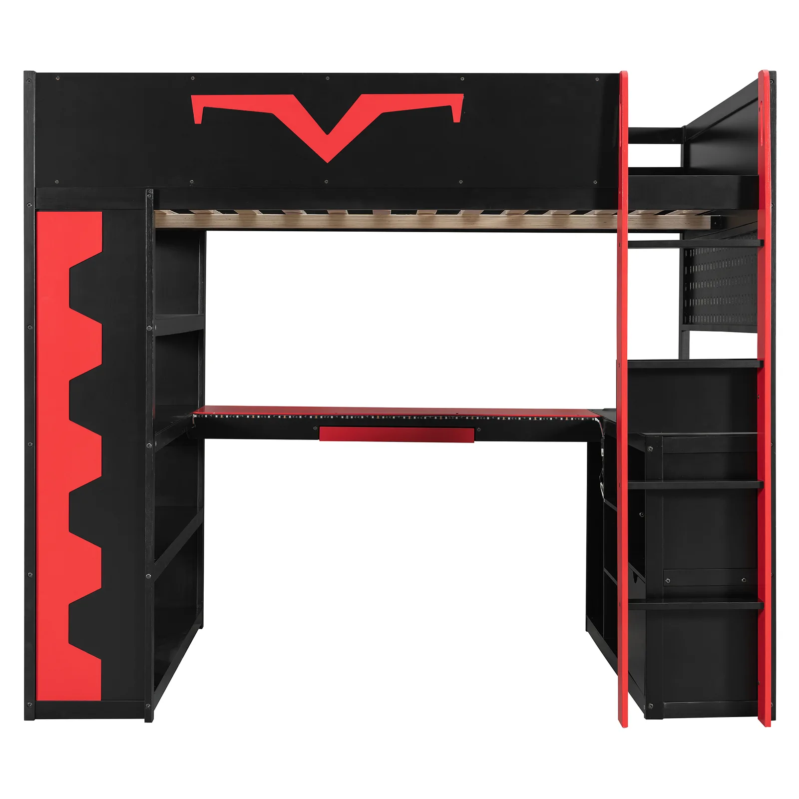 Mezzanine gaming noire et rouge, échelle et bureau intégré