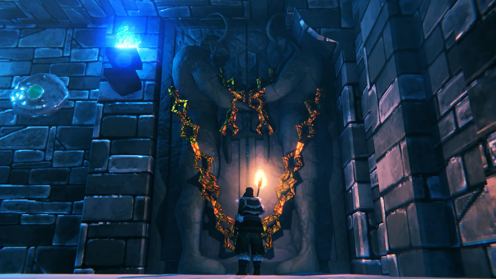 Valheim – porte de donjon scellée par des chaînes, avant un boss