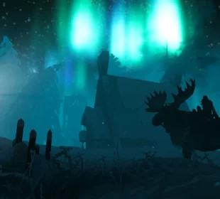 Valheim Deep North – paysage enneigé sous aurore boréale, biome Grand Nord