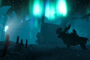 Valheim Deep North – paysage enneigé sous aurore boréale, biome Grand Nord