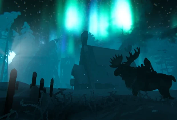Valheim Deep North – paysage enneigé sous aurore boréale, biome Grand Nord