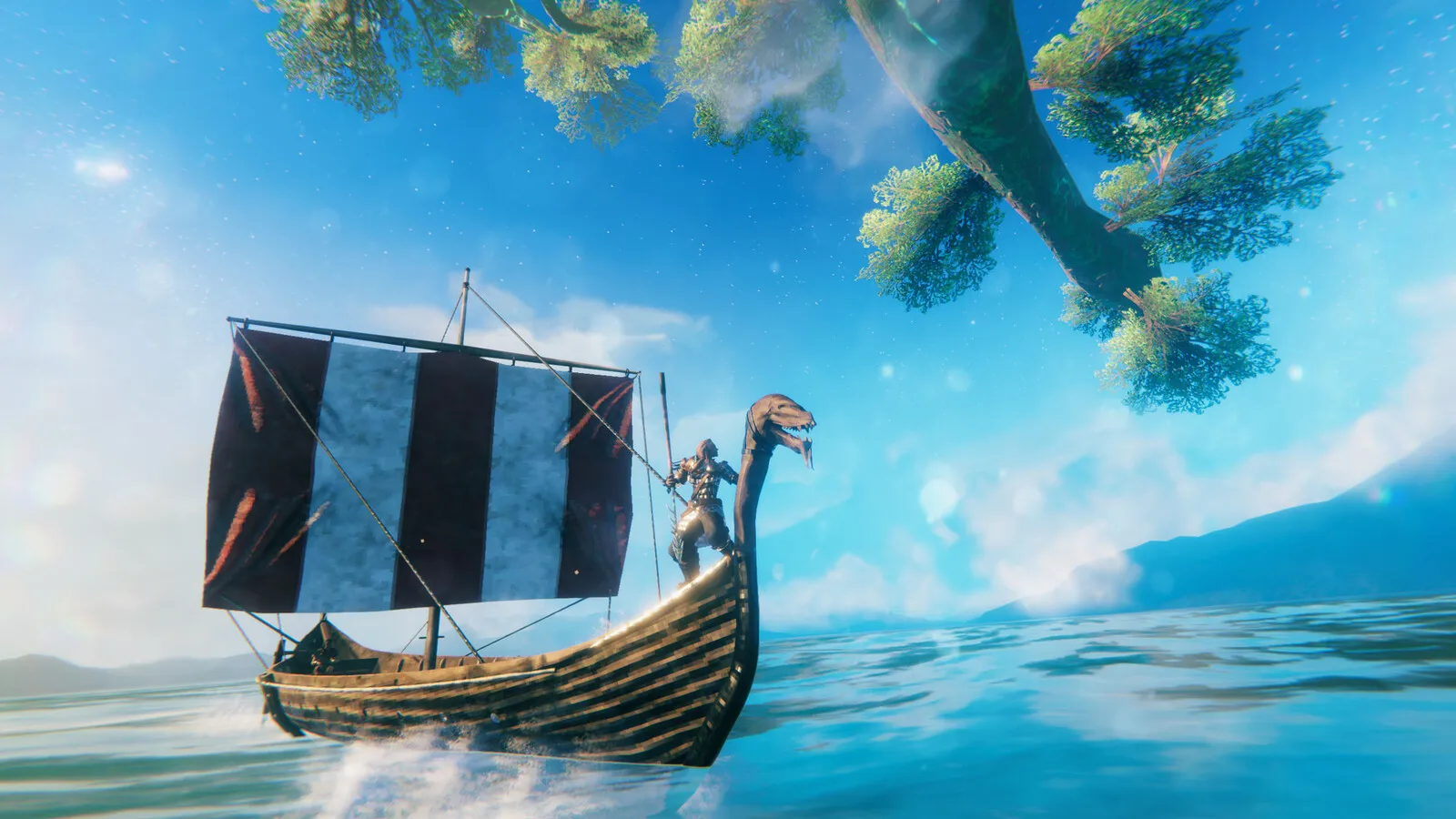 Valheim – Viking sur un drakkar naviguant sous les racines d’Yggdrasil