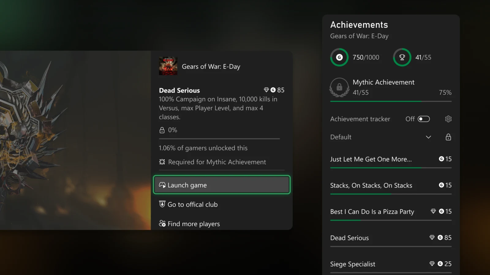 Liste de succès Xbox avec barre Mythic Achievement, Gears of War E-Day