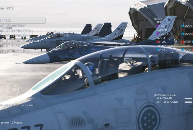 Ace Combat 8 avions : F/A-18C, F-2A et F-14D alignés au hangar avant une sortie