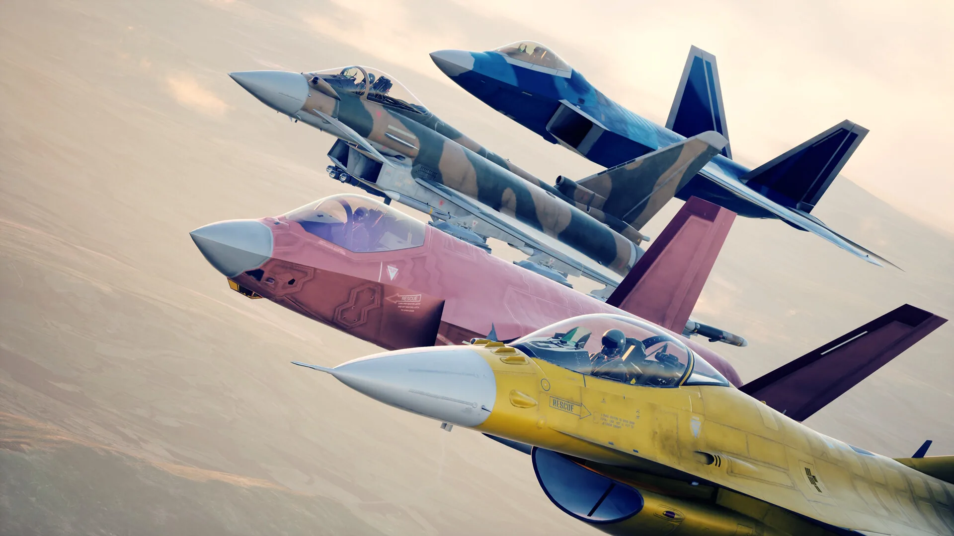Ace Combat 8 avions : quatre chasseurs en livrées spéciales en formation serrée