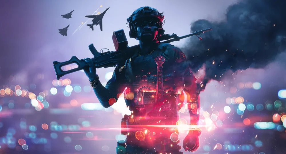 Battlefield 6 Saison 5 : key art officiel Siege of Las Vegas, soldat devant le Strip en flammes