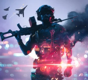 Battlefield 6 Saison 5 : key art officiel Siege of Las Vegas, soldat devant le Strip en flammes